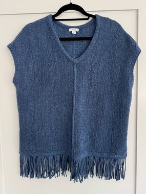 Pure Jill Fringe Knit Sweater Tank Top Blue V Neck Relaxed  J. Jill Boho Coastal